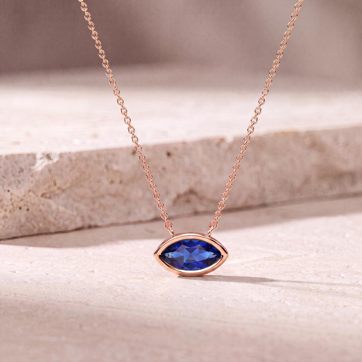 Marquise Solitaire Sapphire Dainty Bezel Set 14K Solid Gold Pendant Necklace