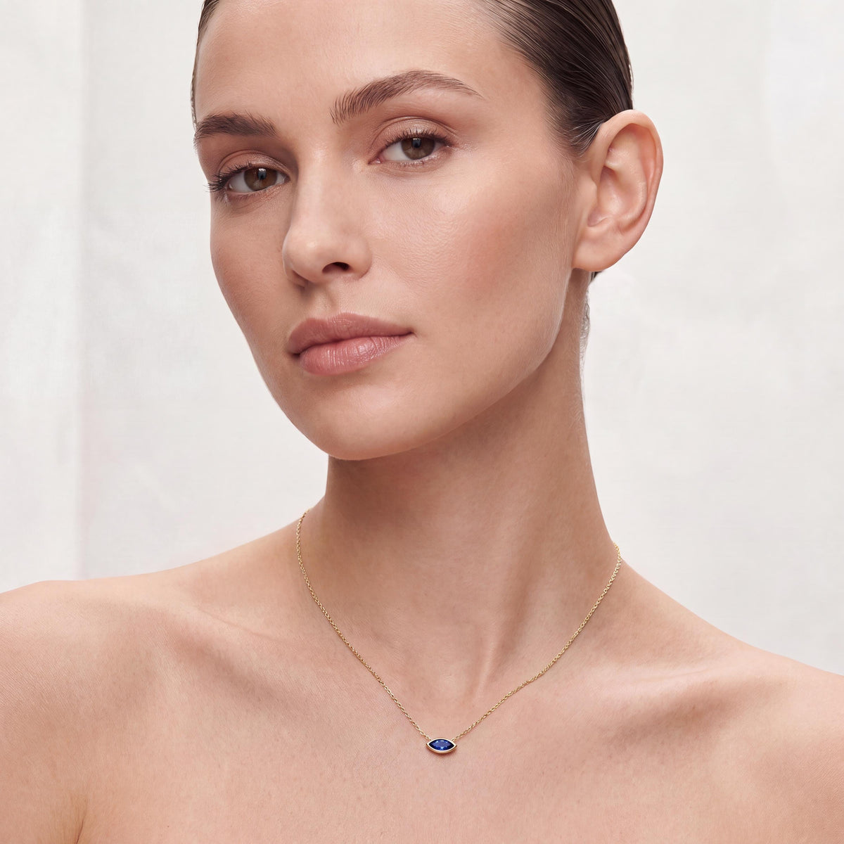 Marquise Solitaire Sapphire Dainty Bezel Set 14K Solid Gold Pendant Necklace