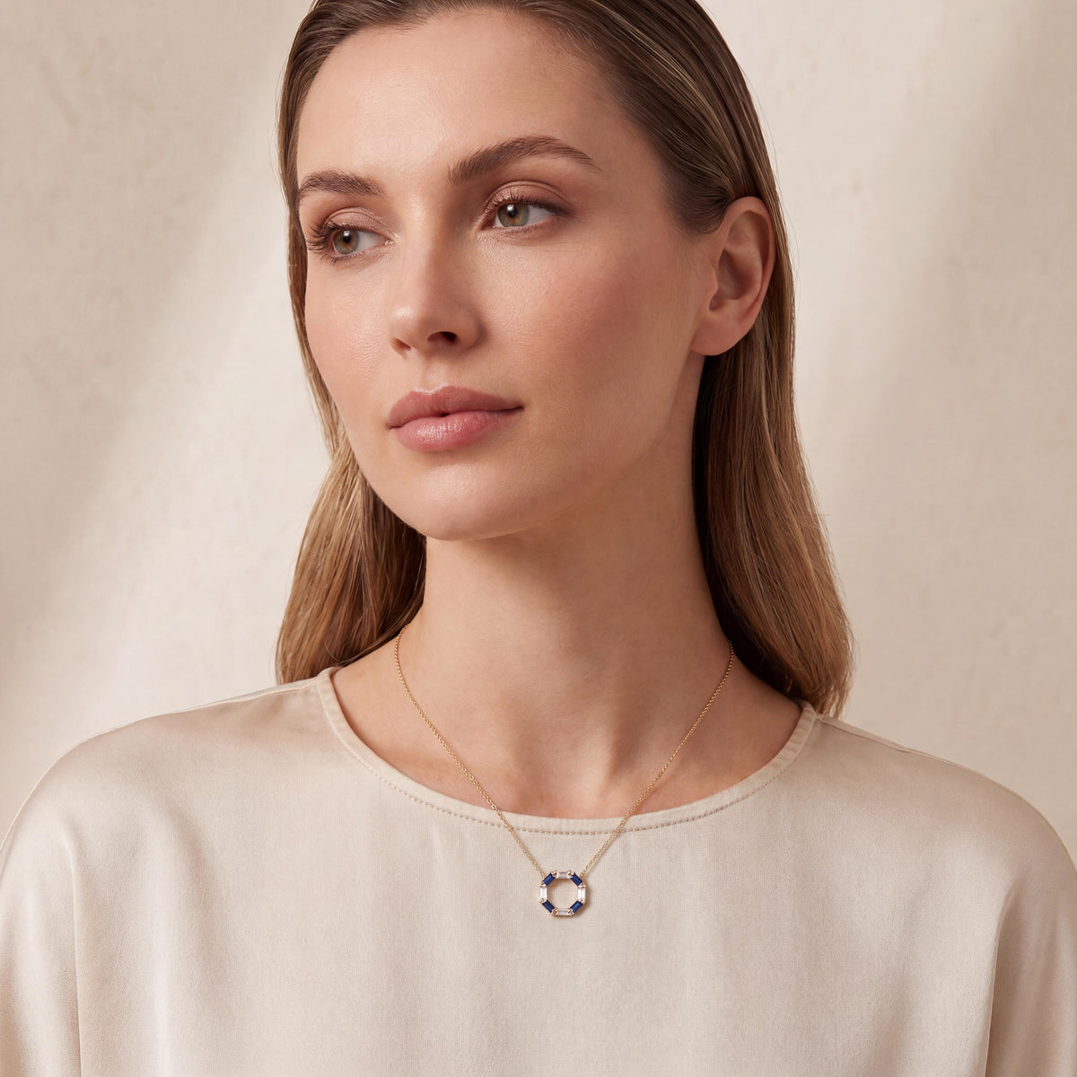 Baguette Sapphire & Diamond Octagon Dainty 14K Solid Gold Pendant Necklace