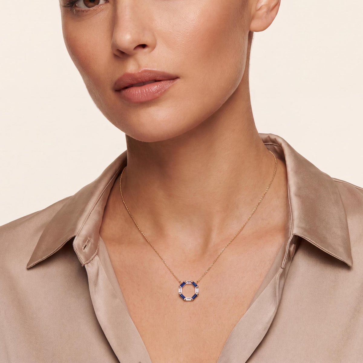 Baguette Sapphire & Diamond Octagon Dainty 14K Solid Gold Pendant Necklace