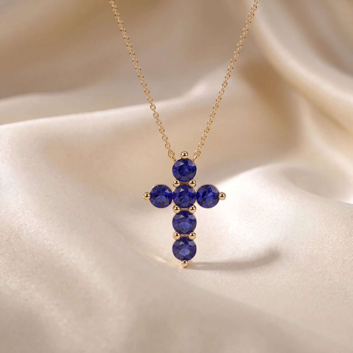 Round Sapphire Dainty Prong Set Cross 14K Solid Gold Pendant Necklace