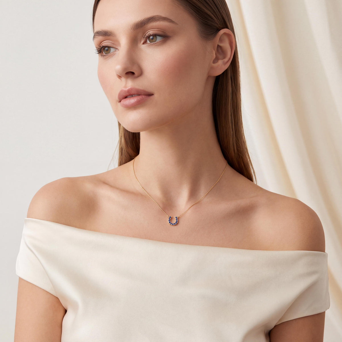 Round Sapphire Pave 14K Dainty Solid Gold Horseshoe Pendant Necklace