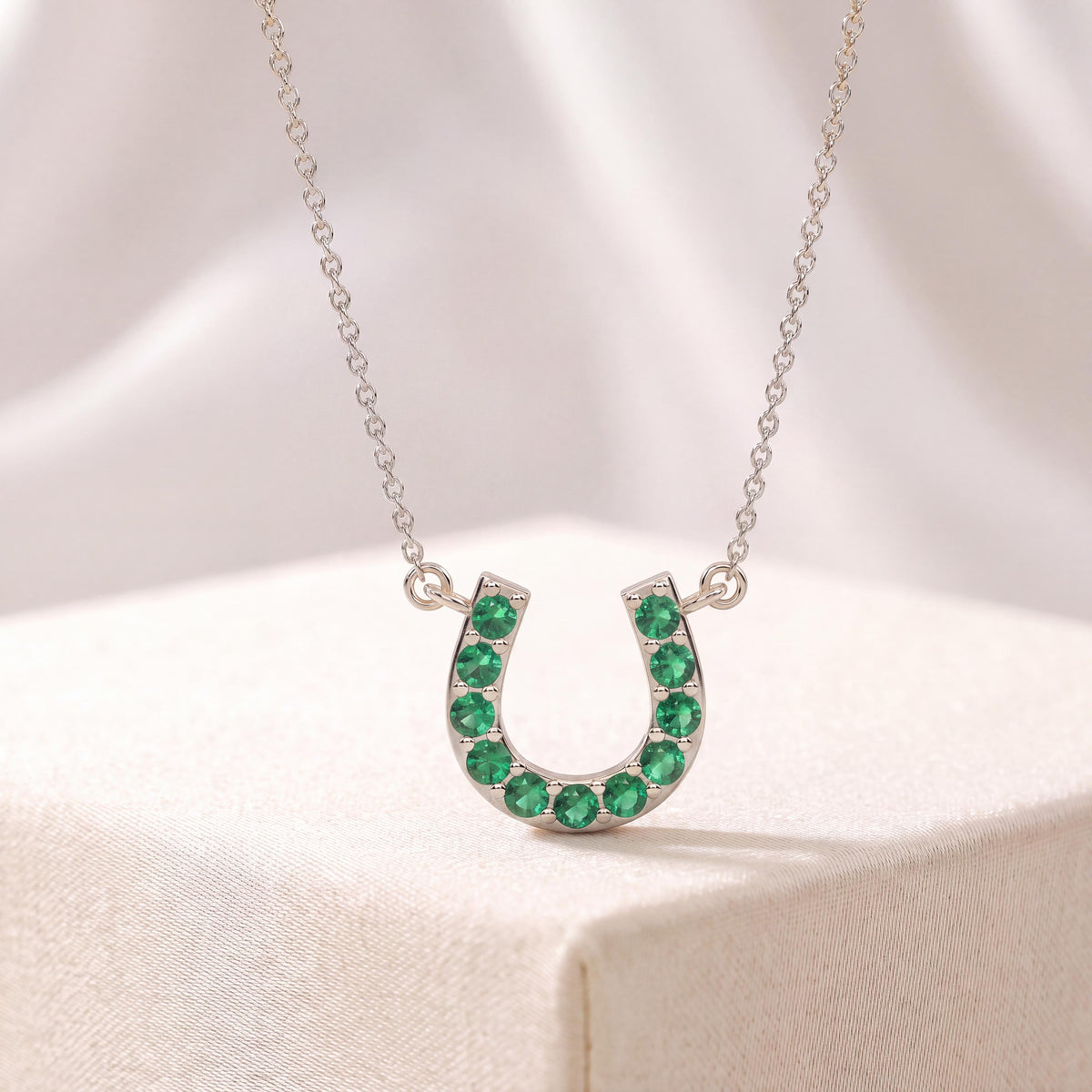 Round Emerald Pave 14K Dainty Solid Gold Horseshoe Pendant Necklace