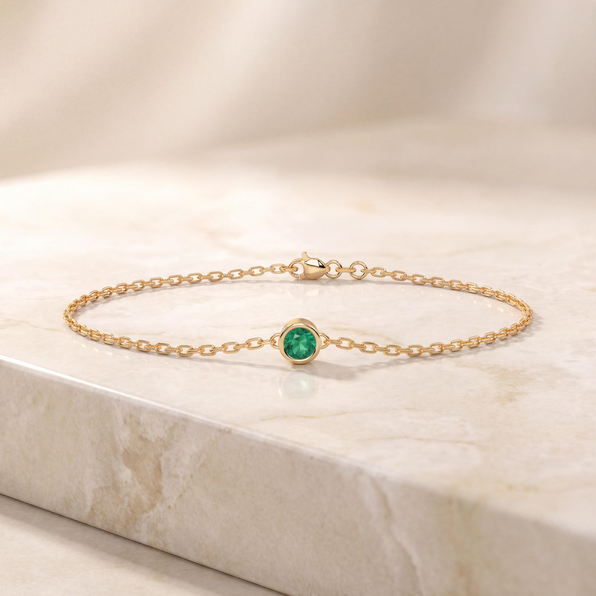 Round Brilliant Cut Emerald Bezel Solitaire Chain Link Bracelet 14K Gold