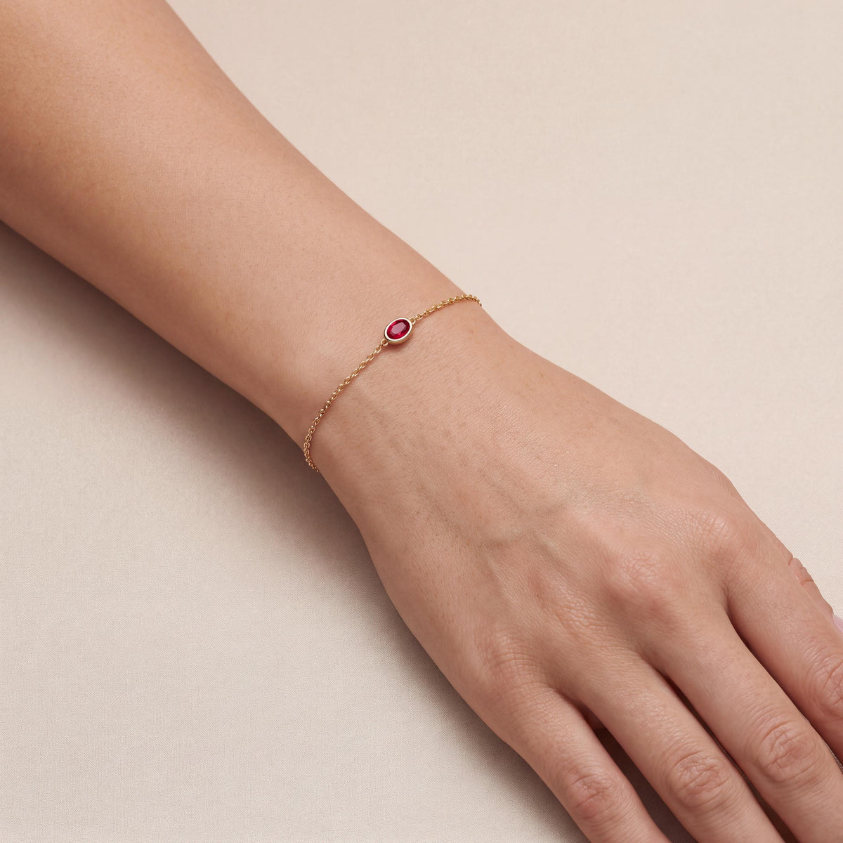 Oval Ruby Bezel Solitaire Chain Link Bracelet 14K Gold