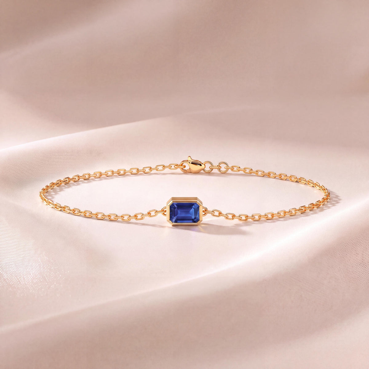 Emerald Cut Sapphire Bezel Solitaire Chain Link Bracelet 14K Gold