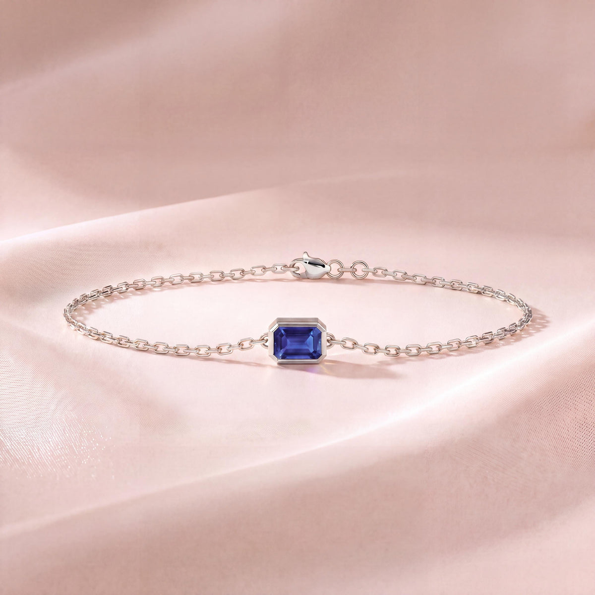Emerald Cut Sapphire Bezel Solitaire Chain Link Bracelet 14K Gold