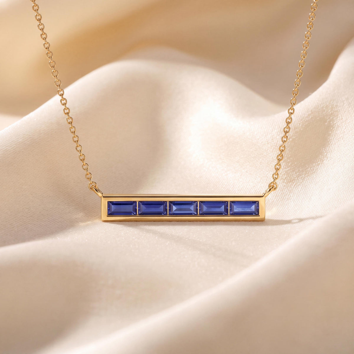 Baguette Sapphire Dainty Bar Channel Set 14K Solid Gold Pendant Necklace