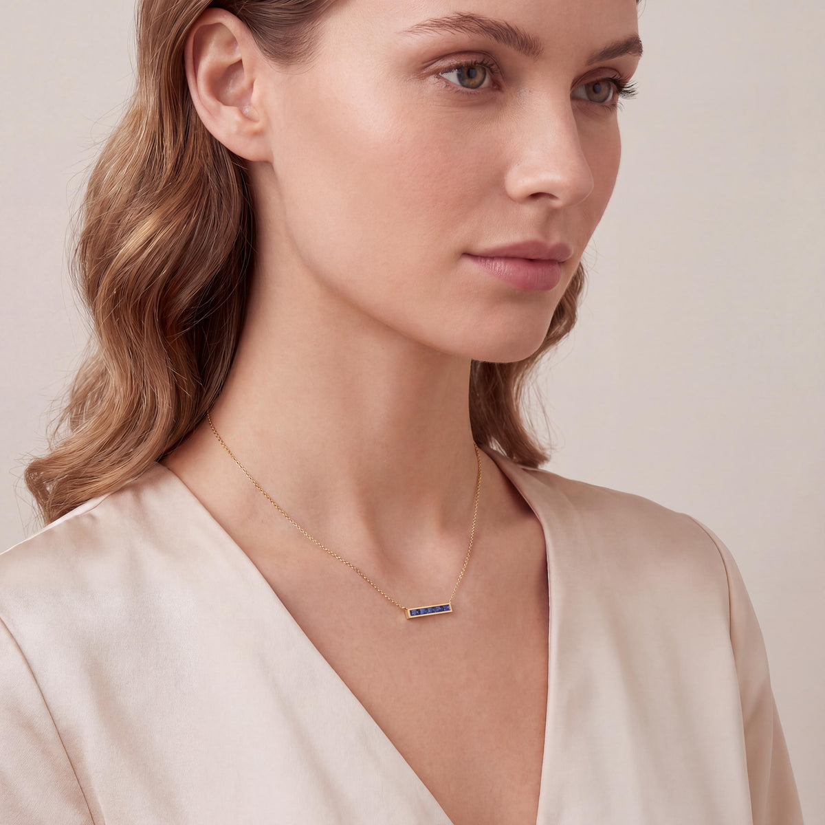 Baguette Sapphire Dainty Bar Channel Set 14K Solid Gold Pendant Necklace
