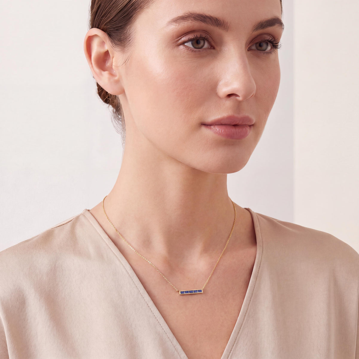Baguette Sapphire Dainty Bar Channel Set 14K Solid Gold Pendant Necklace