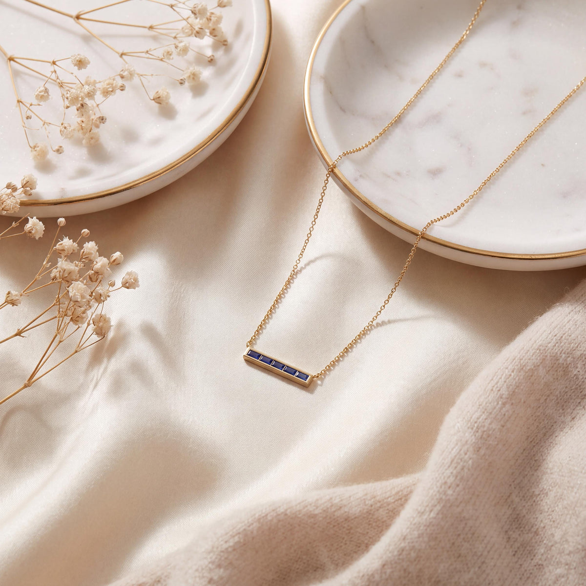 Baguette Sapphire Dainty Bar Channel Set 14K Solid Gold Pendant Necklace