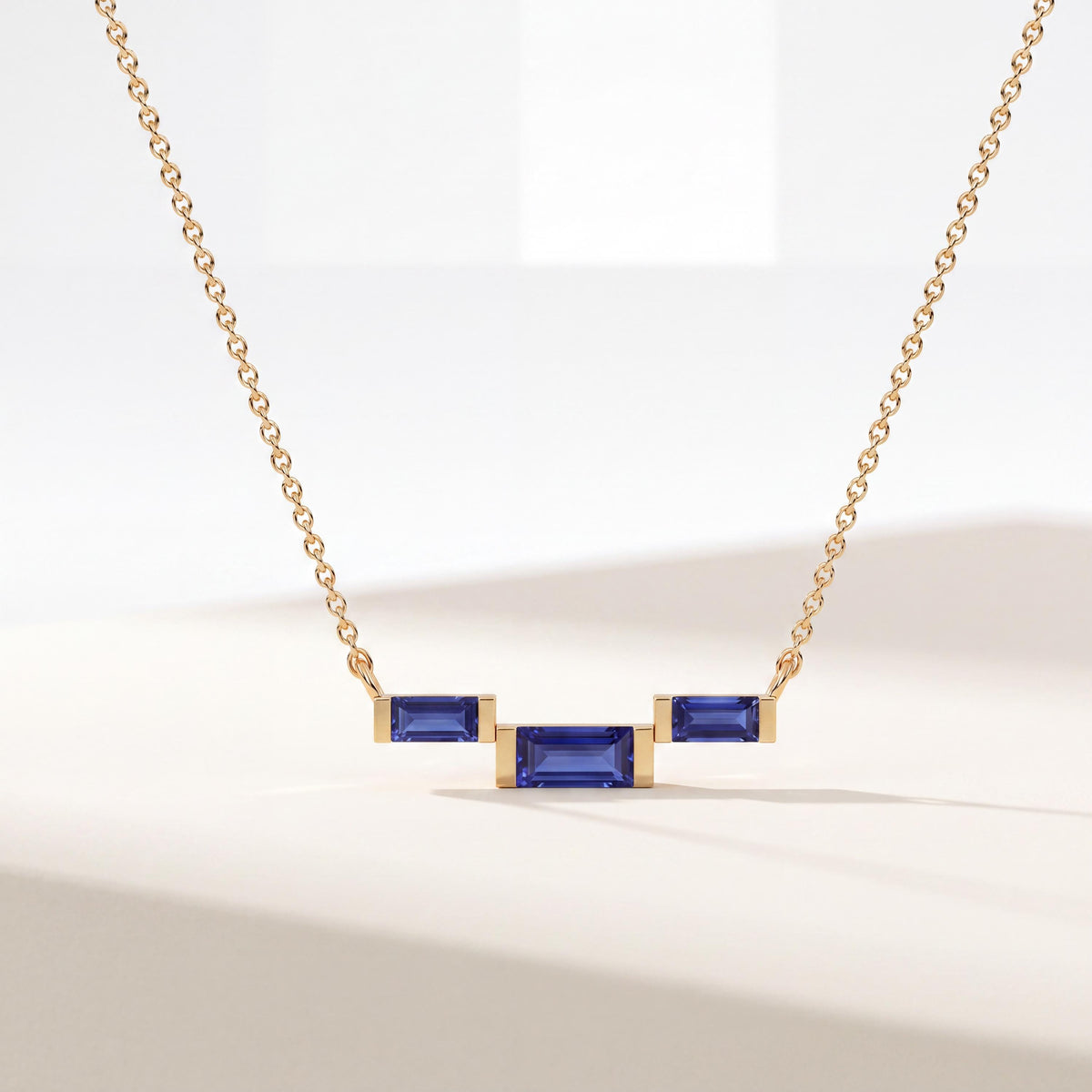 3 Stone Baguette Sapphire Dainty Bar Set 14K Solid Gold Pendant Necklace