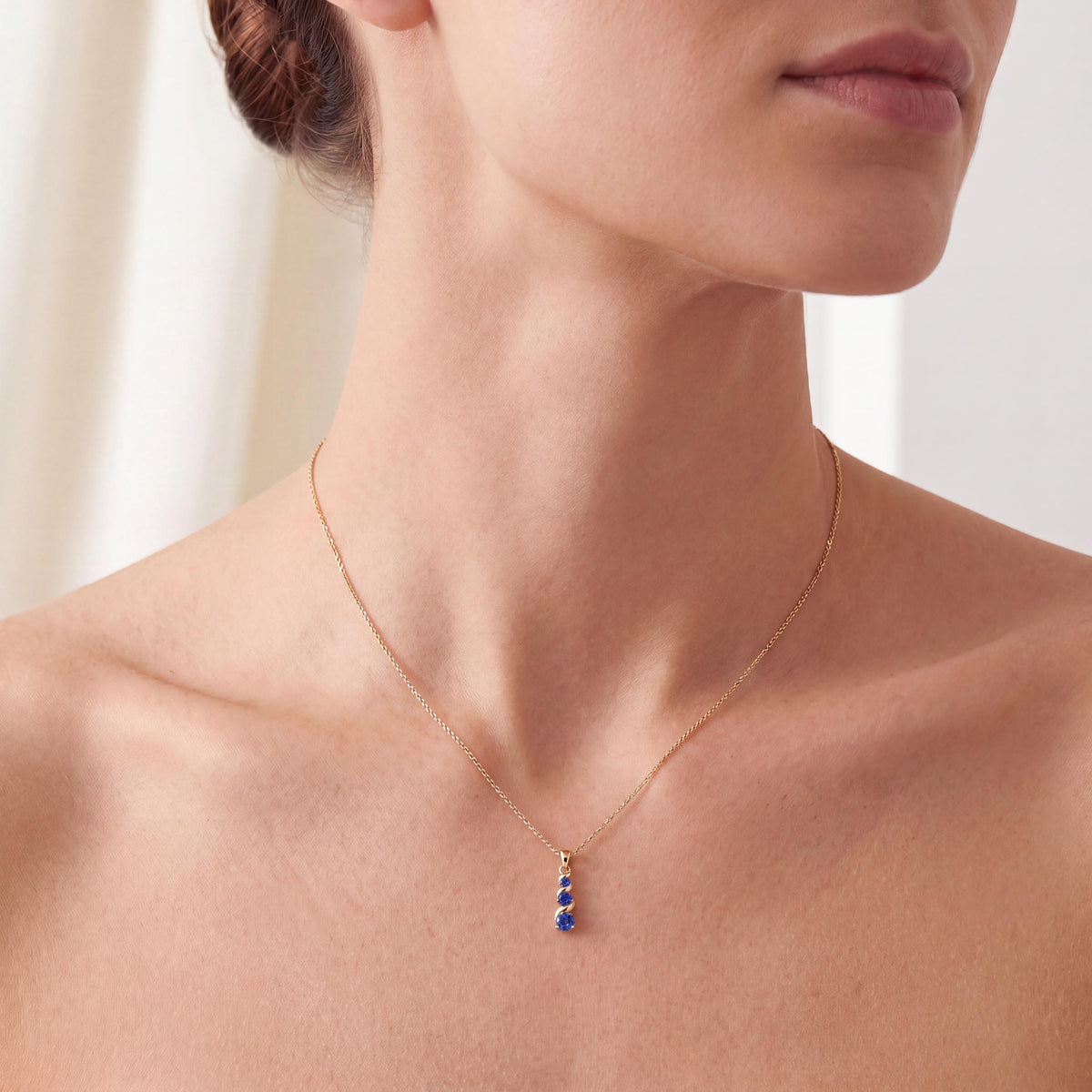 Round Sapphires Three Stone Graduated Drop Necklace 14K Solid Gold Pendant