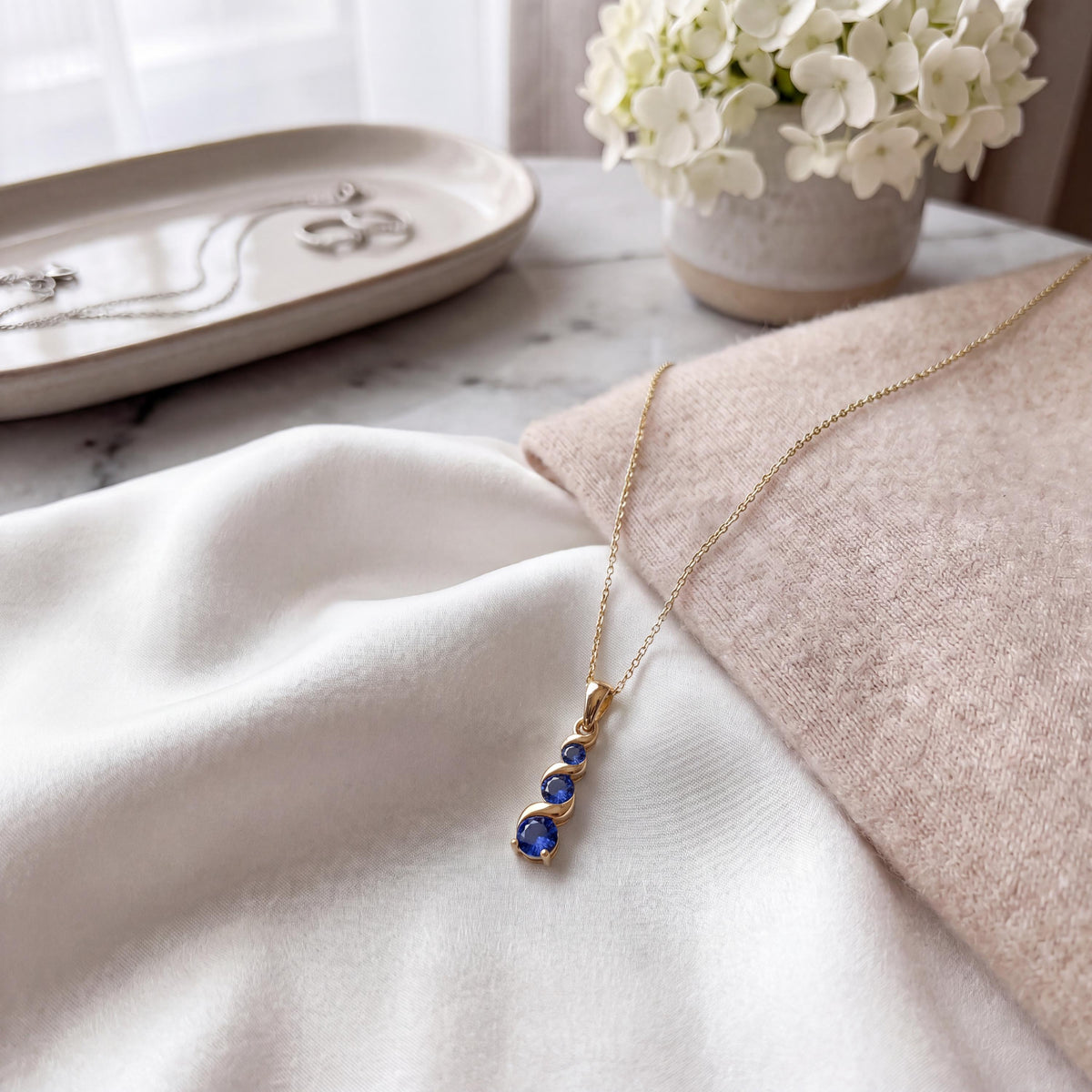 Round Sapphires Three Stone Graduated Drop Necklace 14K Solid Gold Pendant