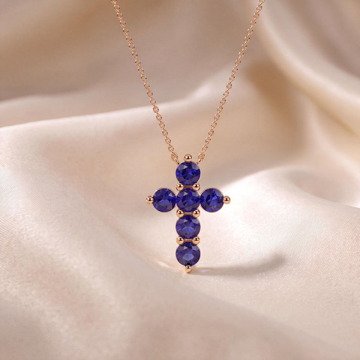 Round Sapphire Dainty Prong Set Cross 14K Solid Gold Pendant Necklace