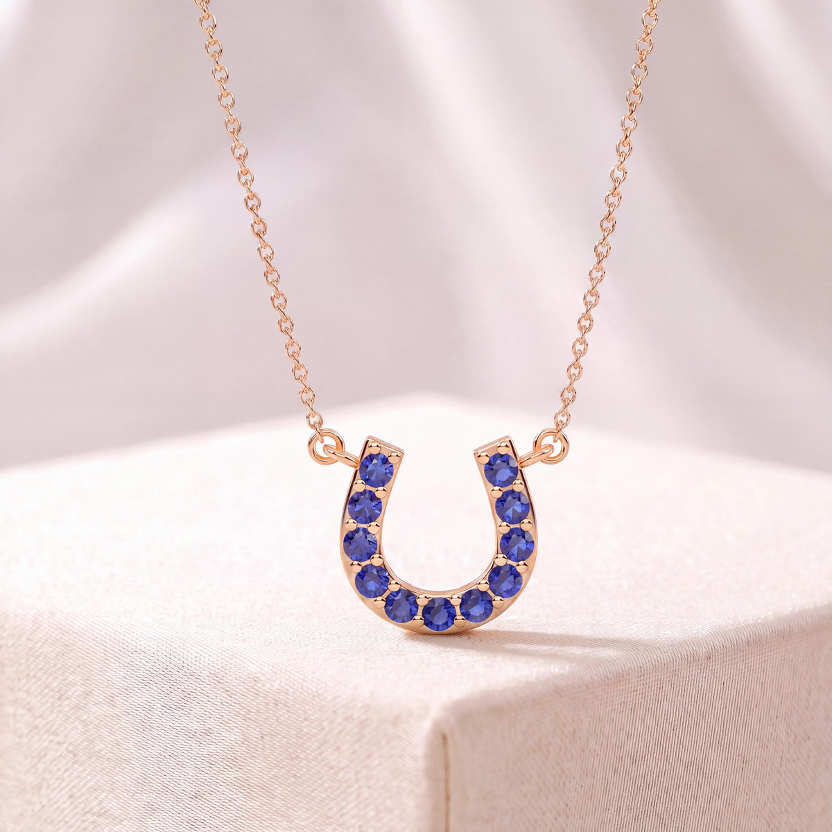 Round Sapphire Pave 14K Dainty Solid Gold Horseshoe Pendant Necklace