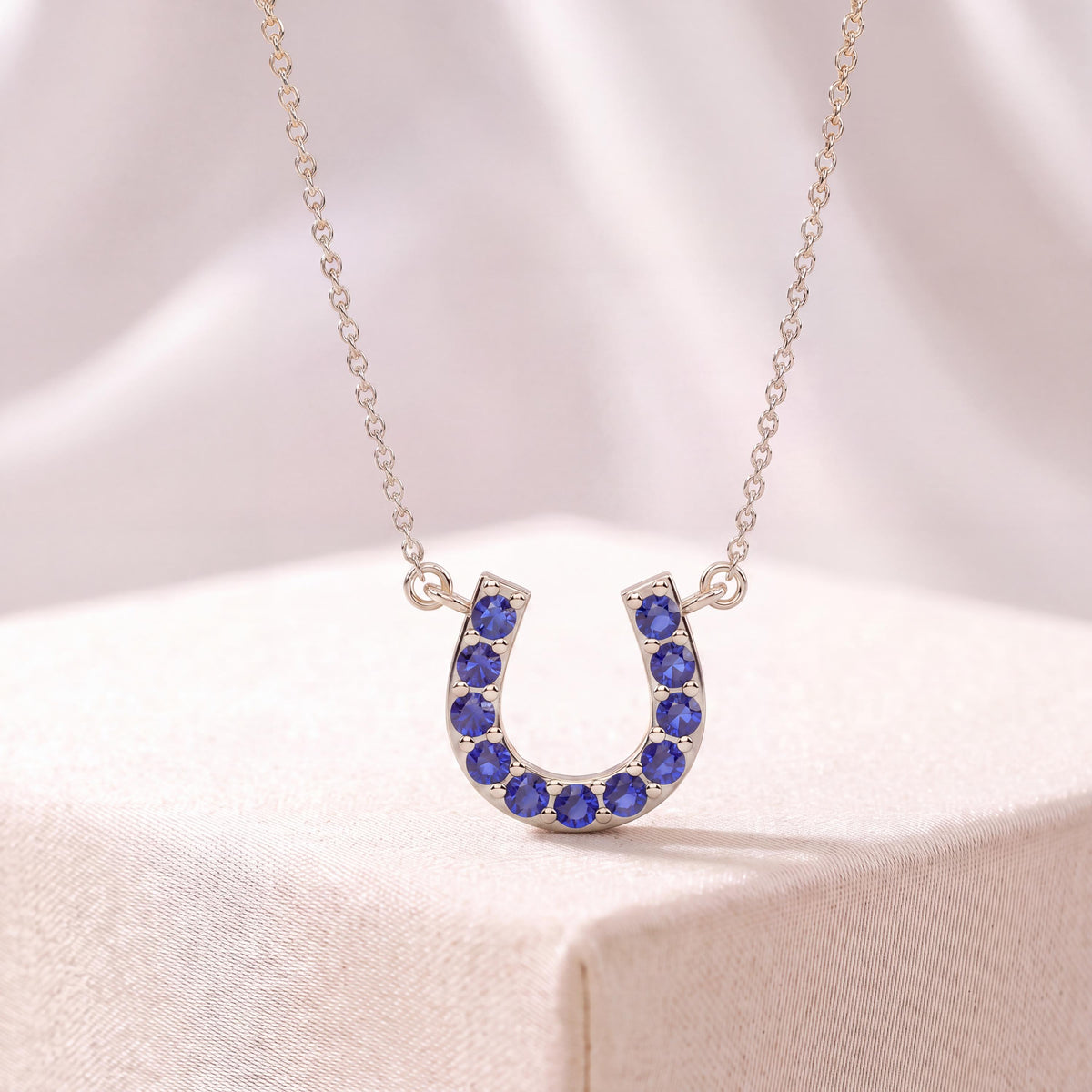 Round Sapphire Pave 14K Dainty Solid Gold Horseshoe Pendant Necklace