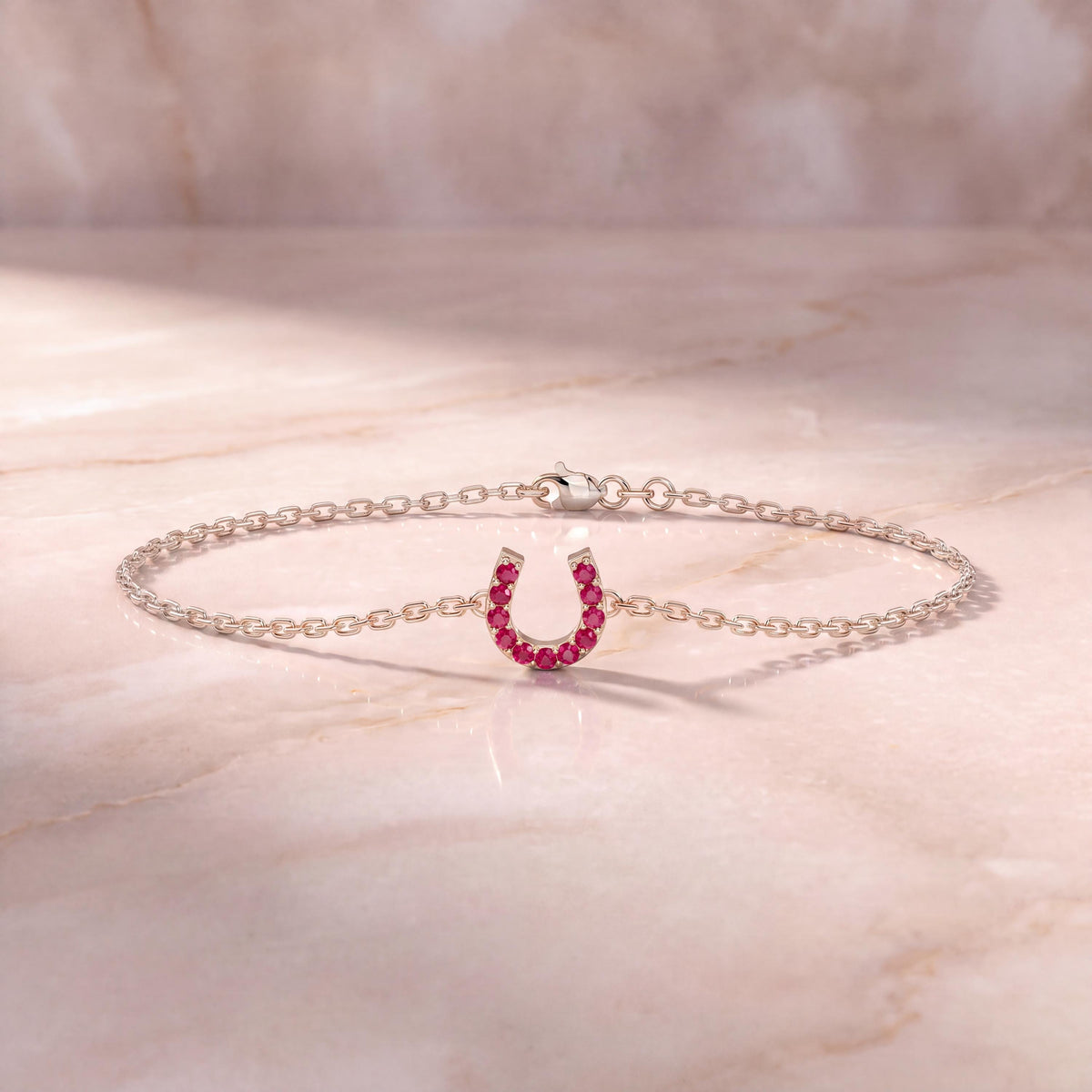 Round Ruby Pave 14K Dainty Solid Gold Horseshoe Chain Link Bracelet