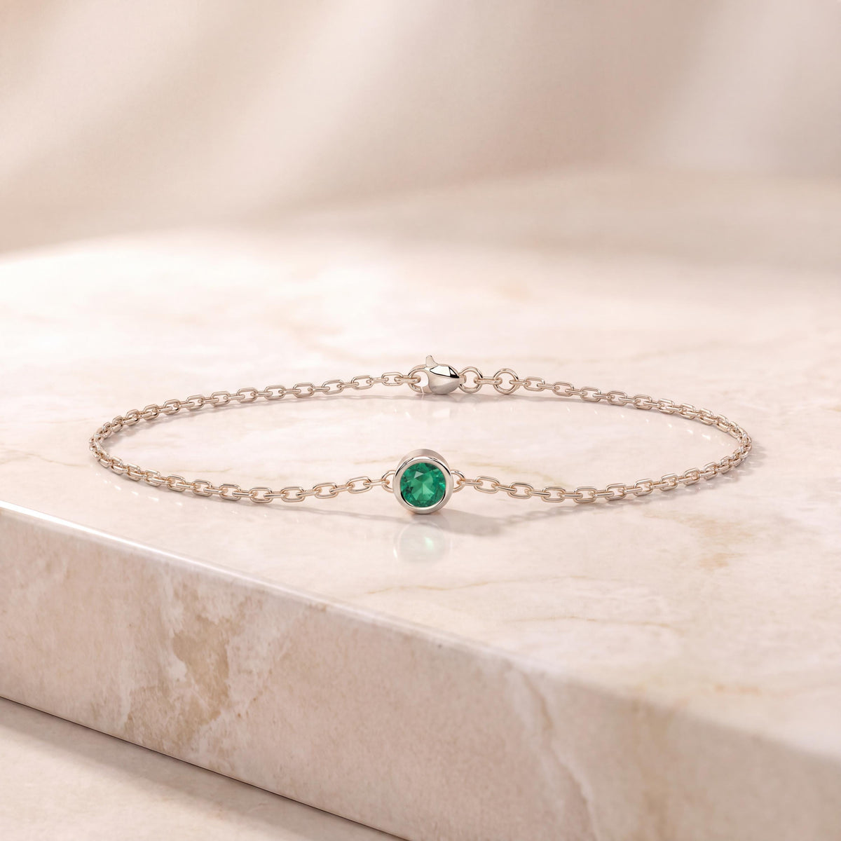 Round Brilliant Cut Emerald Bezel Solitaire Chain Link Bracelet 14K Gold