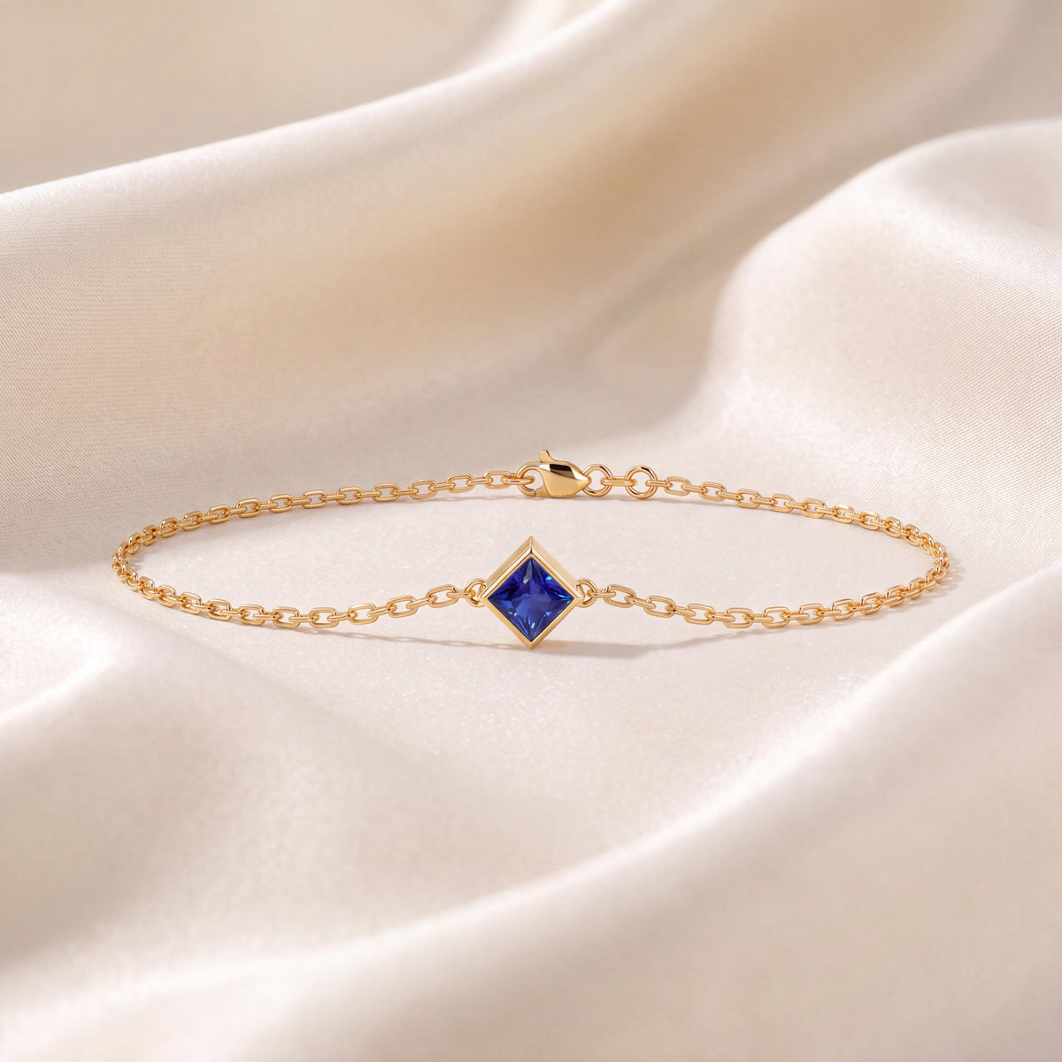 Princess Cut Sapphire Bezel Solitaire Chain Link Bracelet 14K Gold
