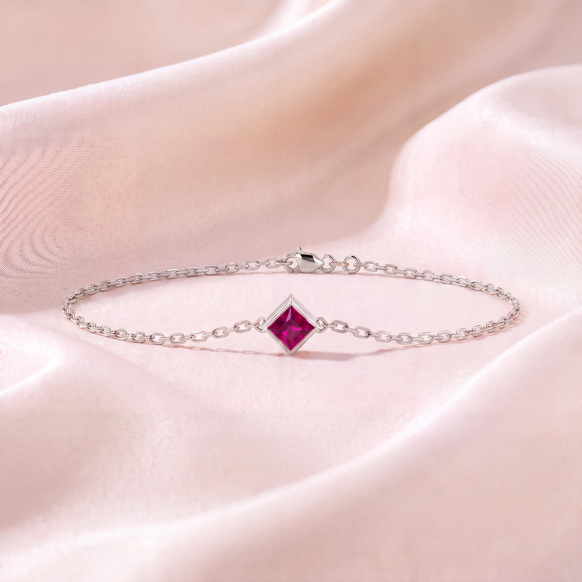 Princess Cut Ruby Bezel Solitaire Chain Link Bracelet 14K Gold