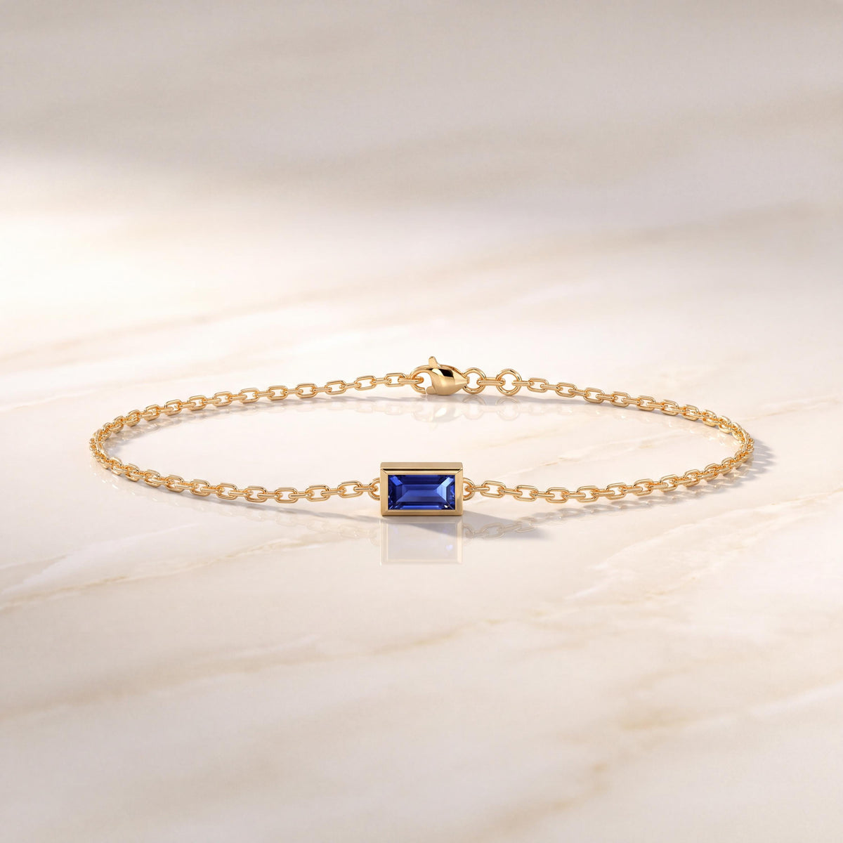 Baguette Cut Sapphire Bezel Solitaire Chain Link Bracelet 14K Gold
