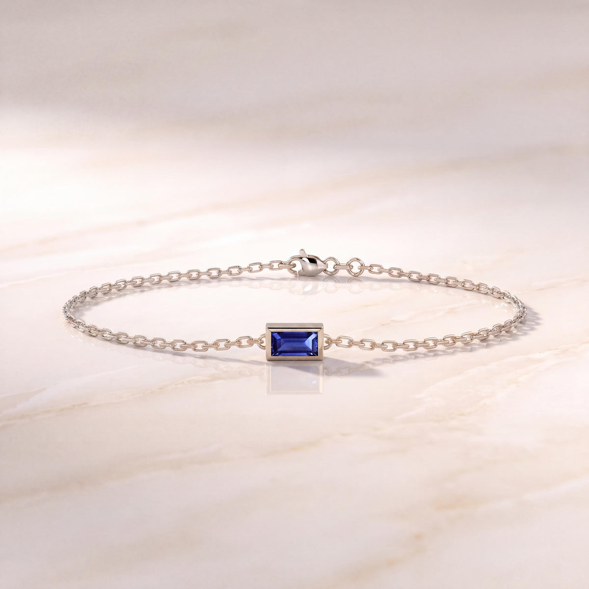 Baguette Cut Sapphire Bezel Solitaire Chain Link Bracelet 14K Gold