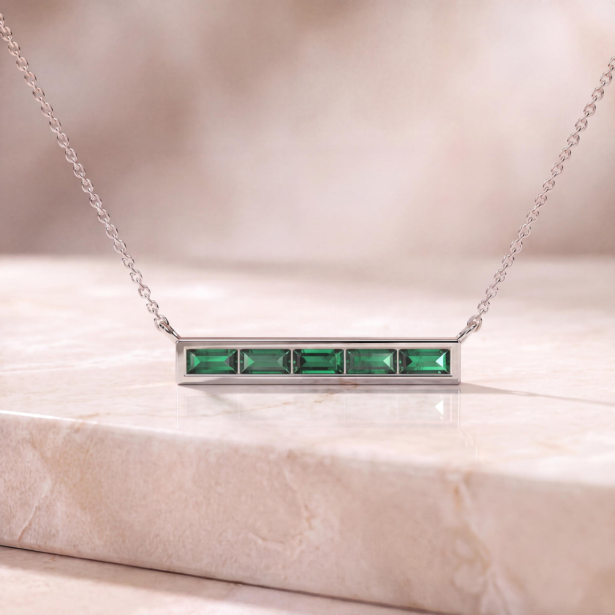 Baguette Emerald Dainty Bar Channel Set 14K Solid Gold Pendant Necklace