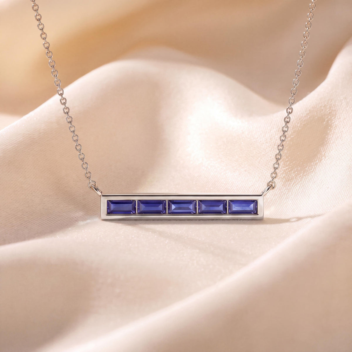 Baguette Sapphire Dainty Bar Channel Set 14K Solid Gold Pendant Necklace