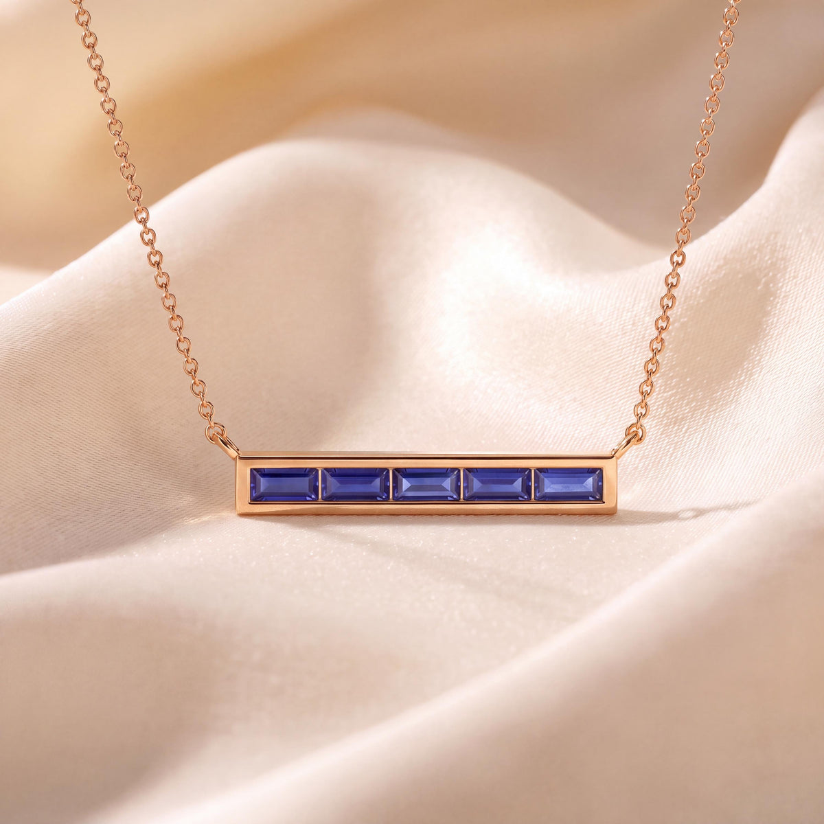 Baguette Sapphire Dainty Bar Channel Set 14K Solid Gold Pendant Necklace