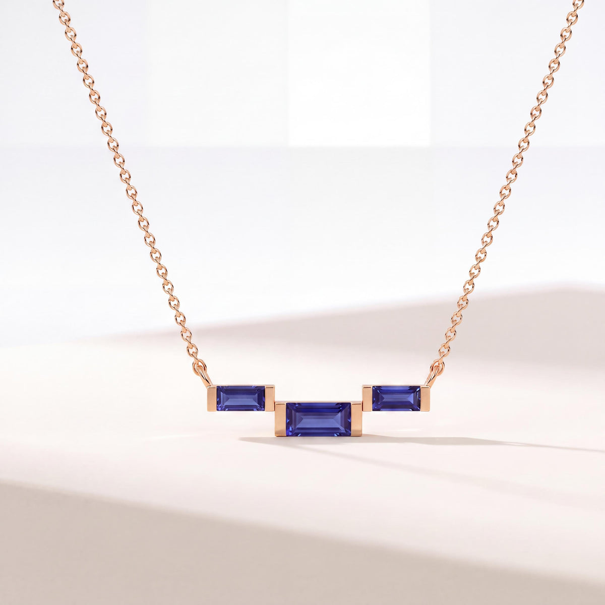 3 Stone Baguette Sapphire Dainty Bar Set 14K Solid Gold Pendant Necklace