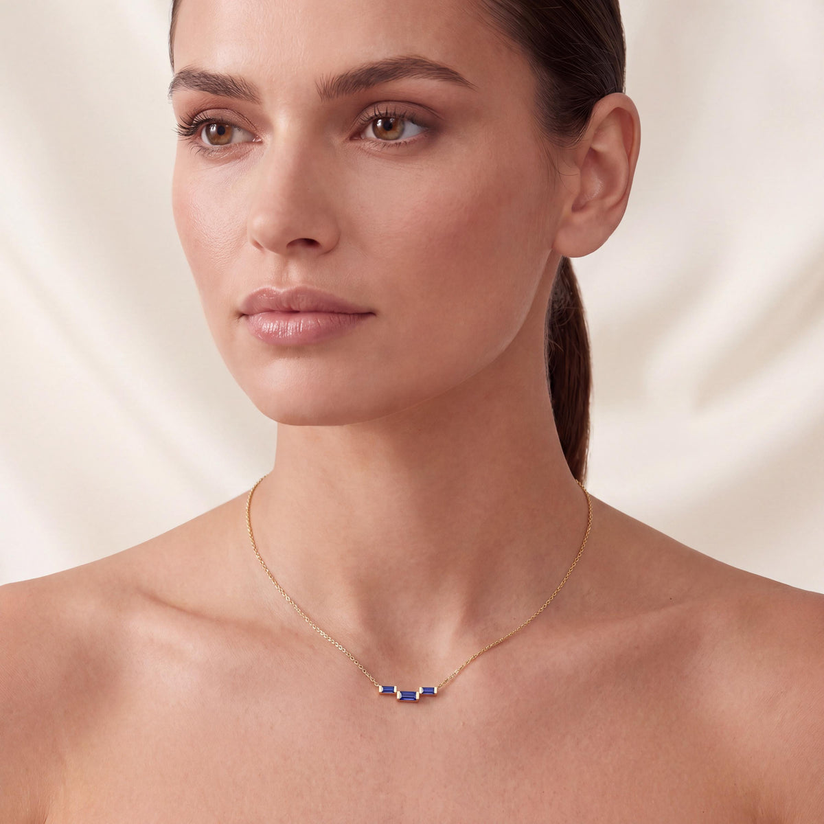 3 Stone Baguette Sapphire Dainty Bar Set 14K Solid Gold Pendant Necklace