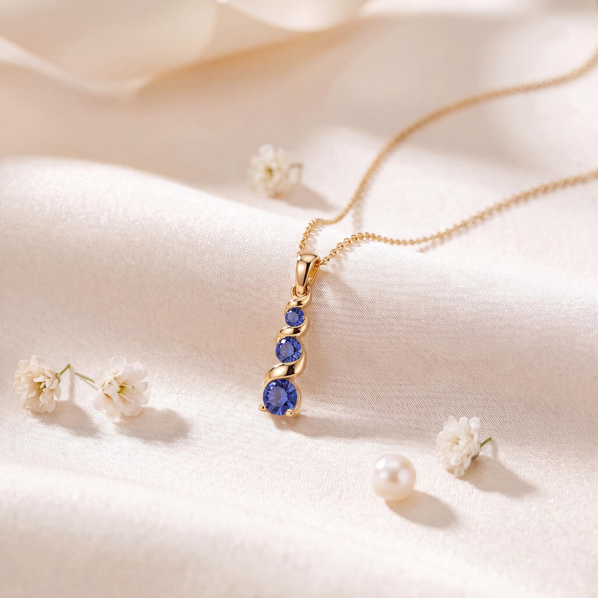 Round Sapphires Three Stone Graduated Drop Necklace 14K Solid Gold Pendant