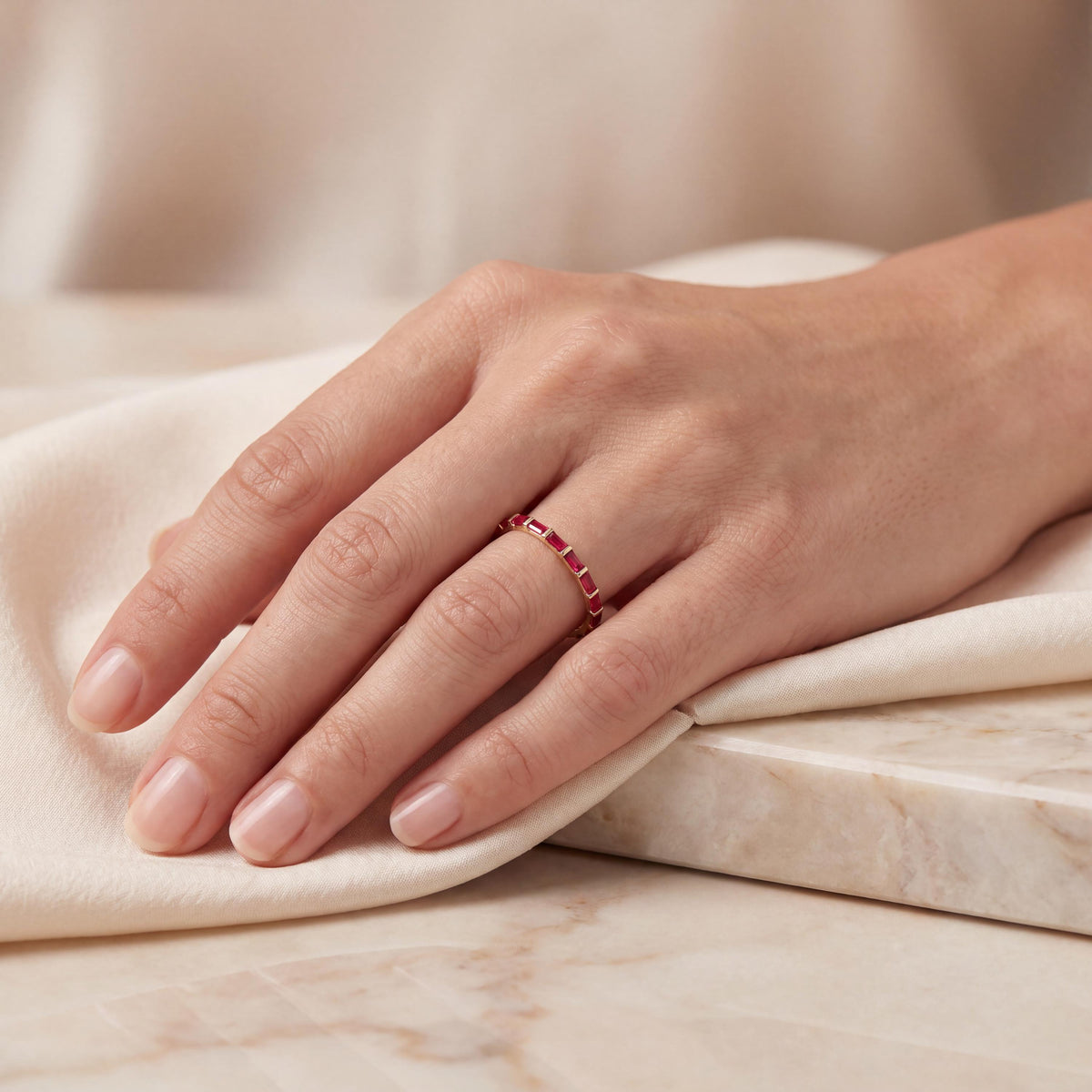 Baguette Cut Ruby Full Eternity Stackable Wedding Band Ring 14K Solid Gold Bar Set