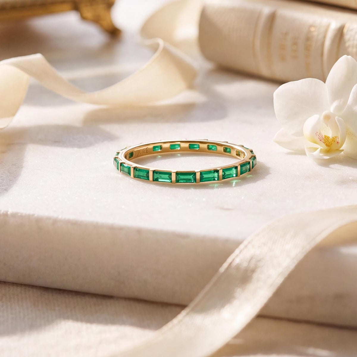 Baguette Cut Emerald Full Eternity Stackable Wedding Band Ring 14K Solid Gold Bar Set