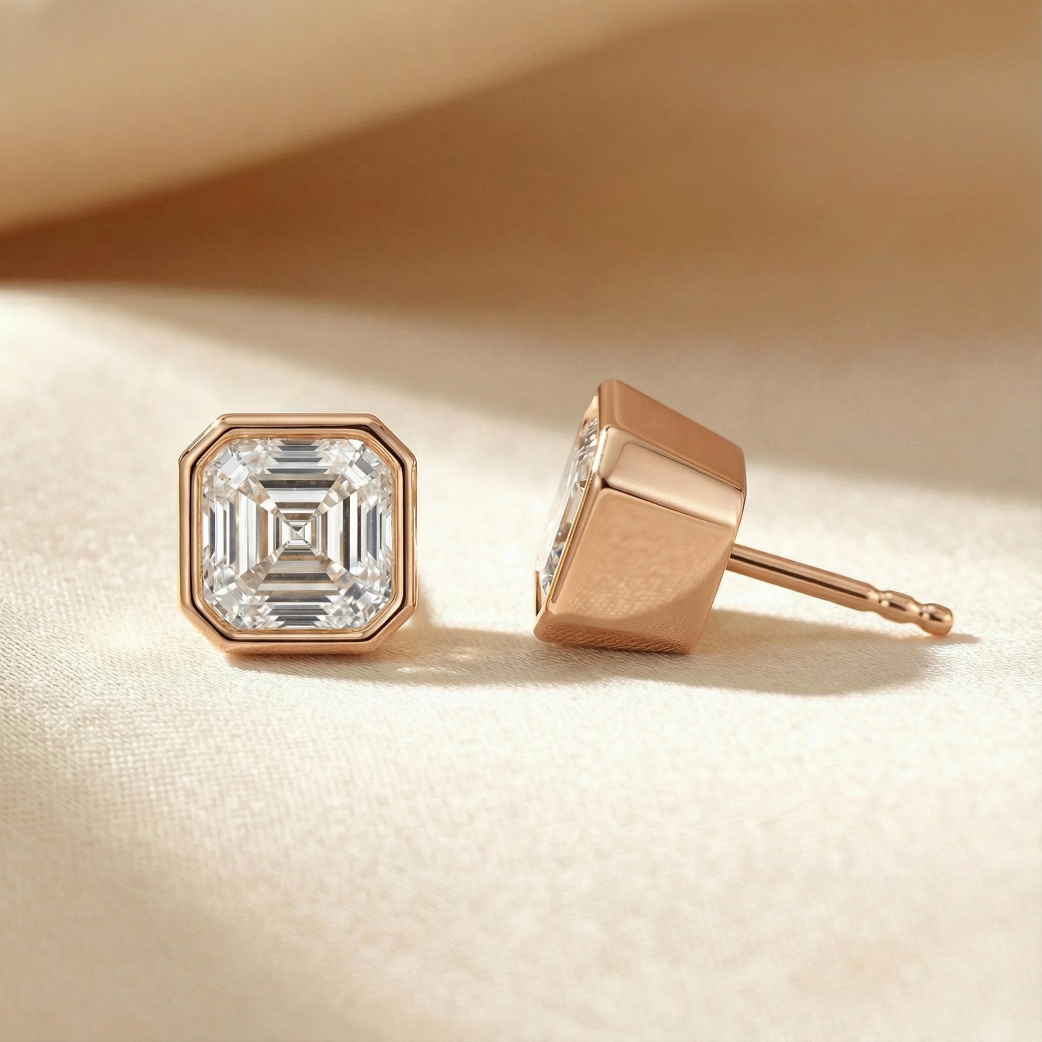 14k Gold Asscher Cut Studs  Bezel Set Diamond Earrings  1.00-4.00 CTW  Minimalist Gift For Her By JIORE