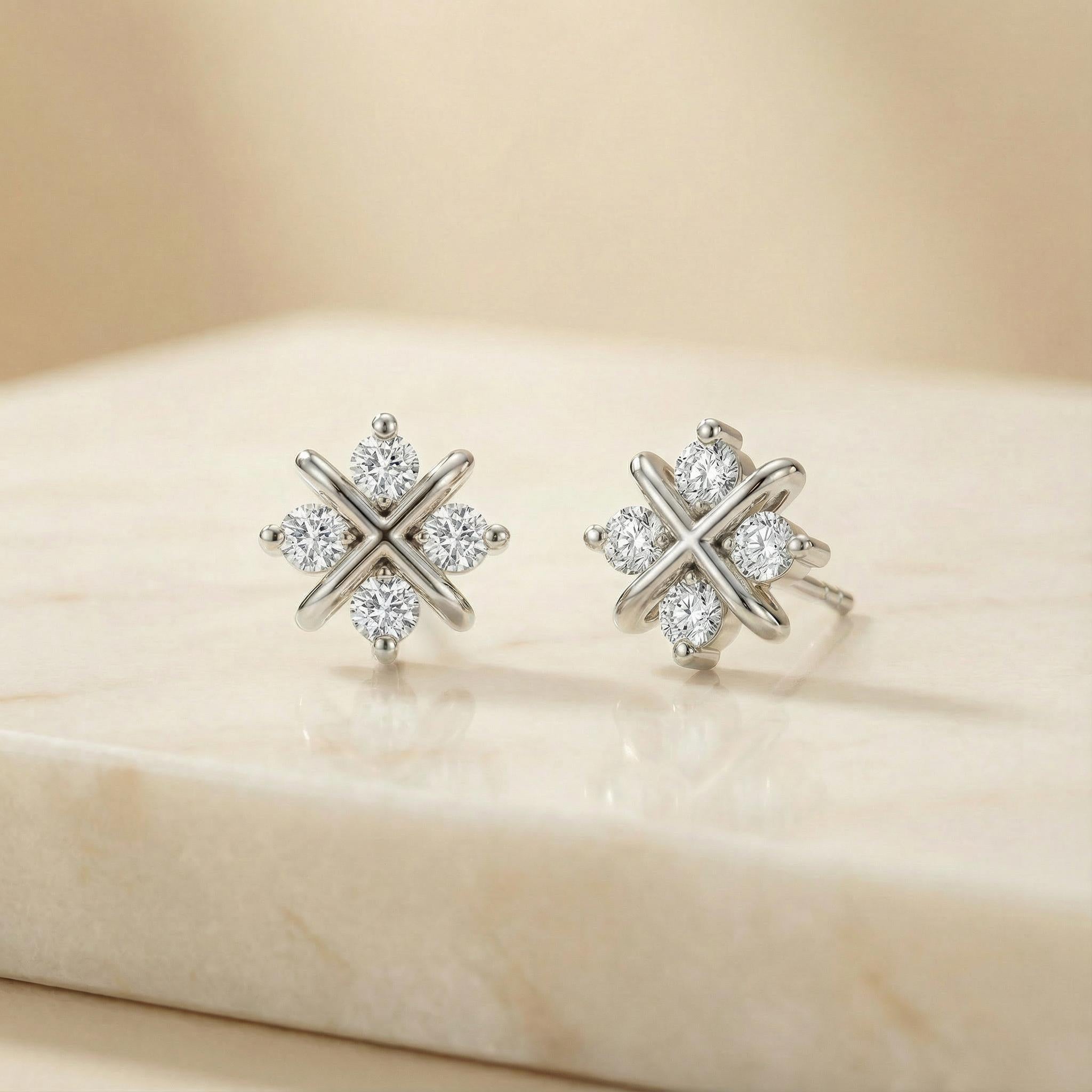 4 Stone Round Brilliant Cut Studs Floral X Design 14K Gold Prong Set Diamond Earrings