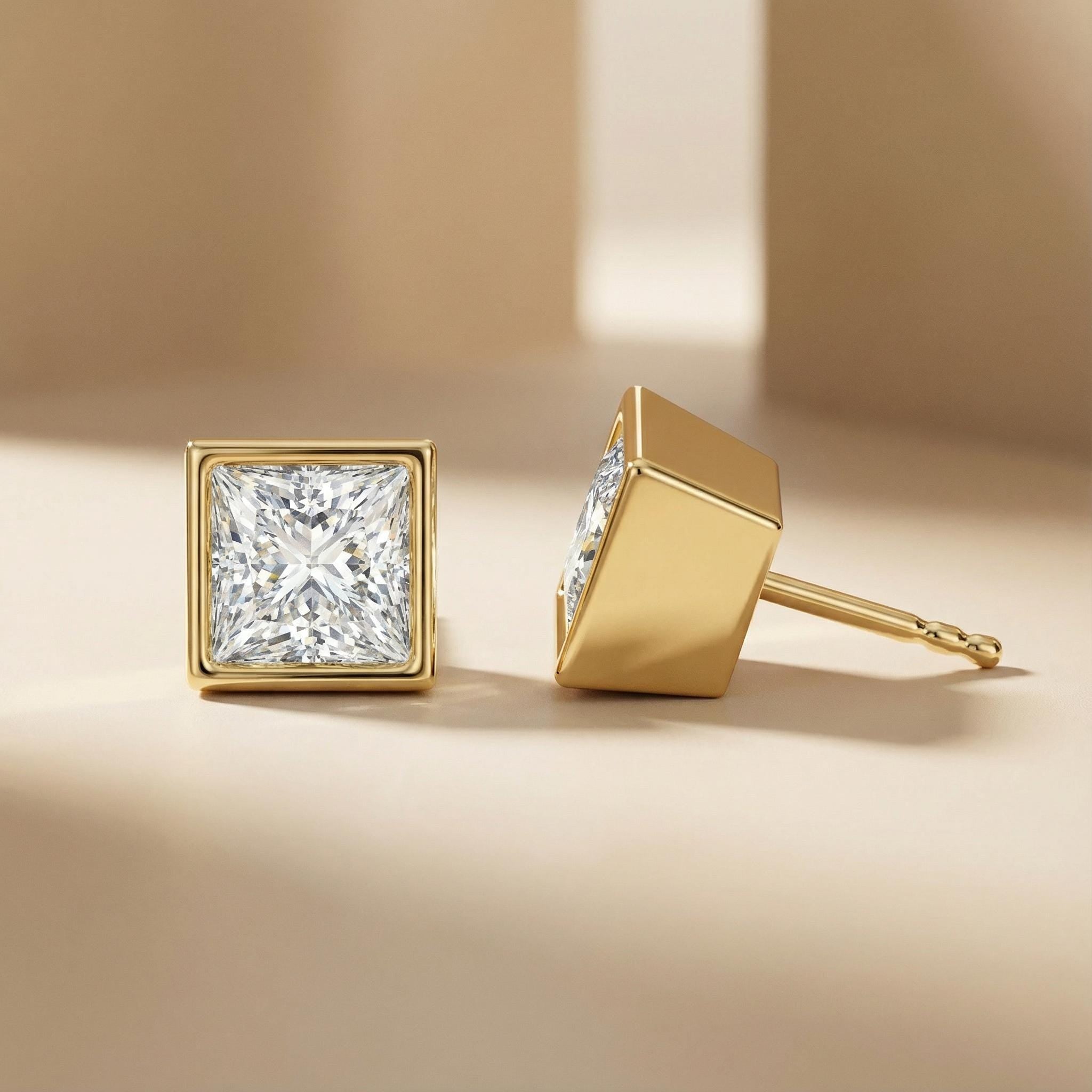 14k Gold Princess Cut Studs  Bezel Set Diamond Earrings  1.00-4.00 CTW  Minimalist Gift For Her By JIORE