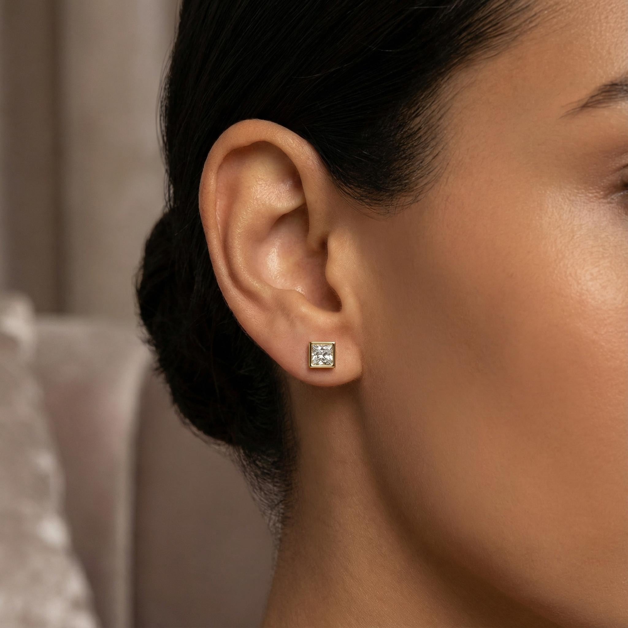 14k Gold Princess Cut Studs  Bezel Set Diamond Earrings  1.00-4.00 CTW  Minimalist Gift For Her By JIORE