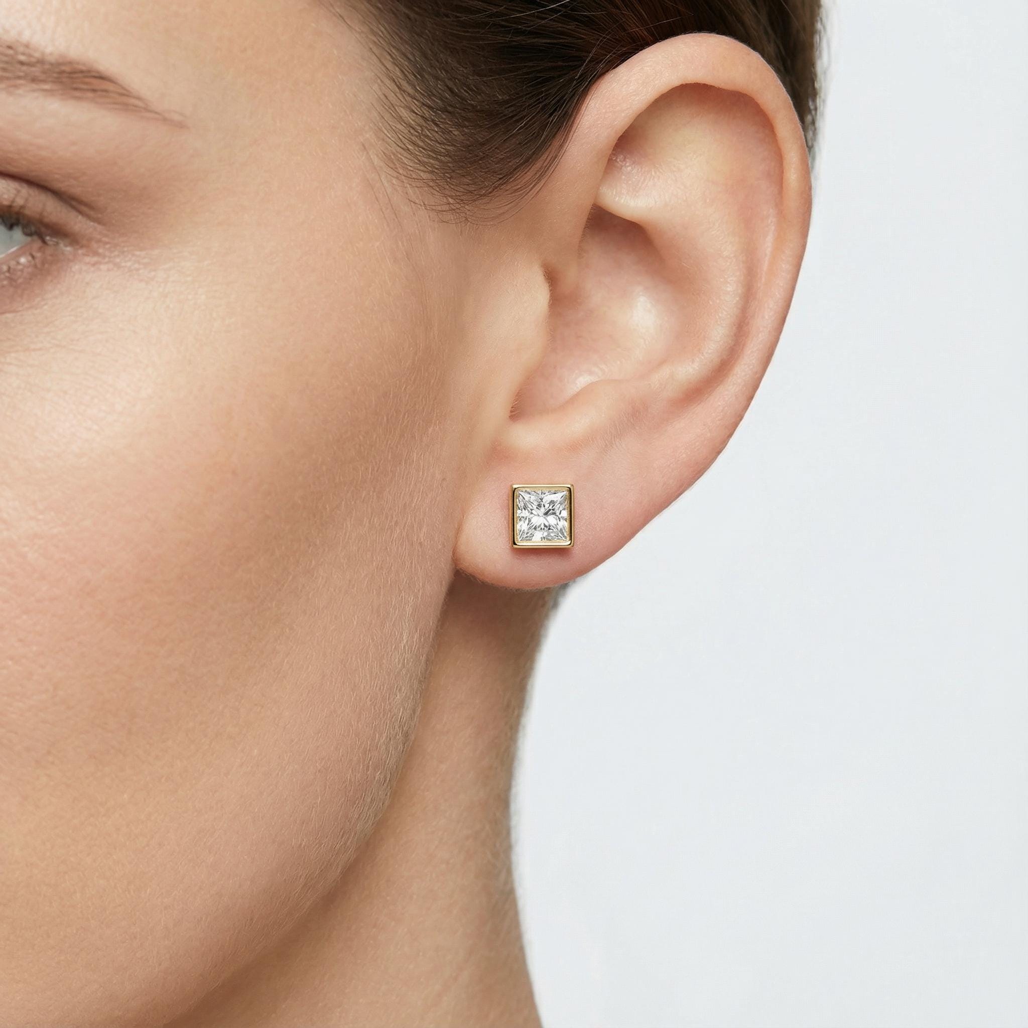 14k Gold Princess Cut Studs  Bezel Set Diamond Earrings  1.00-4.00 CTW  Minimalist Gift For Her By JIORE