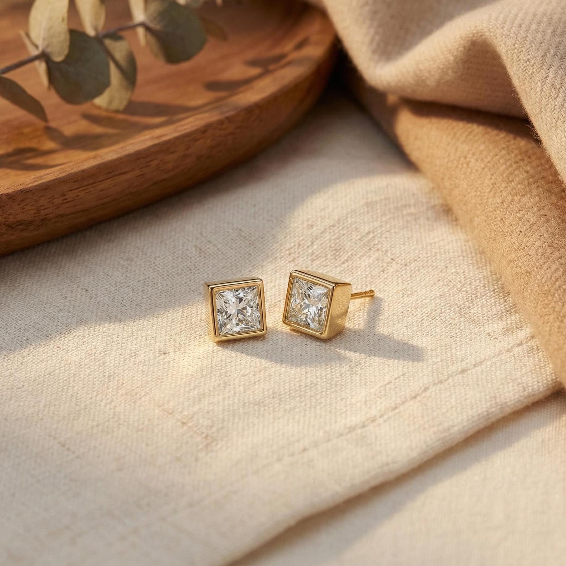 14k Gold Princess Cut Studs  Bezel Set Diamond Earrings  1.00-4.00 CTW  Minimalist Gift For Her By JIORE