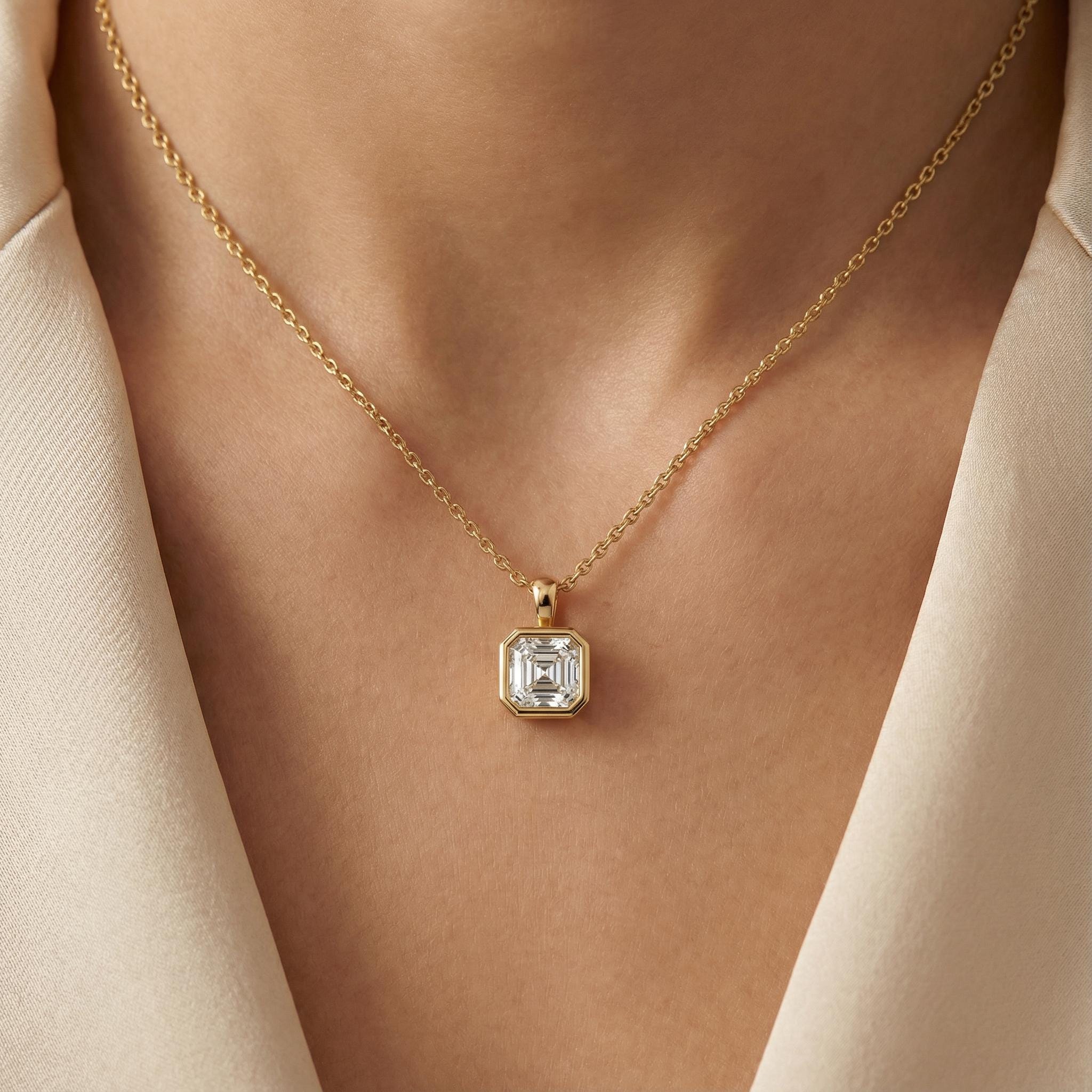 14K Gold Diamond Bezel Set Pendant  Elegant Asscher Cut Necklace  Dainty Modern Minimalist Gift For Her By JIORE