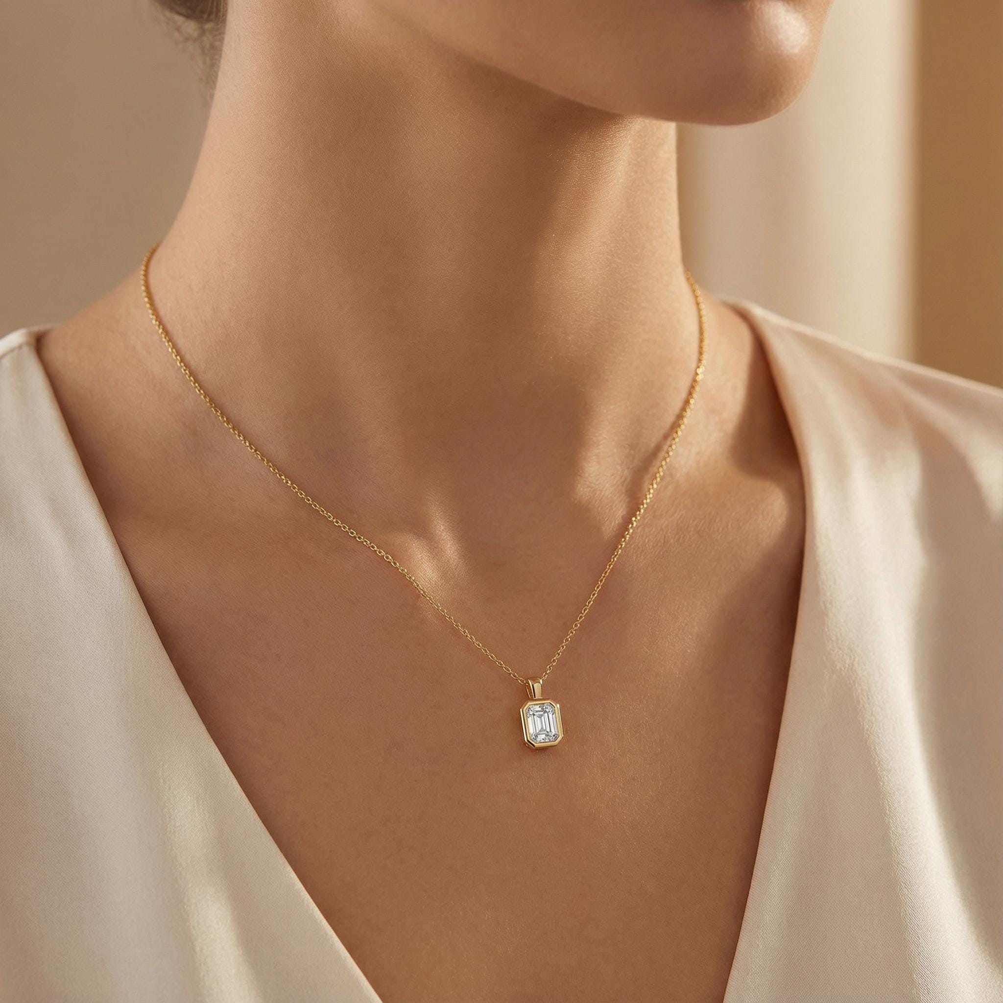 14K Gold Diamond Bezel Pendant  Elegant Emerald Cut Necklace  Dainty Modern Minimalist Gift For Her By JIORE