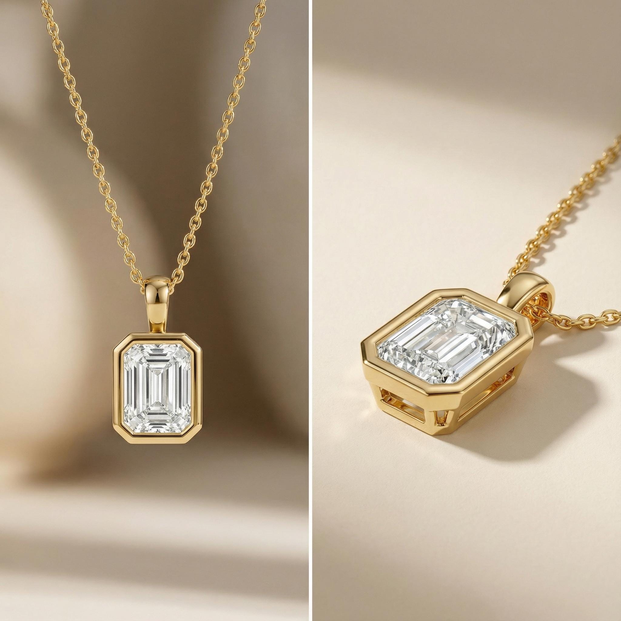 14K Gold Diamond Bezel Pendant  Elegant Emerald Cut Necklace  Dainty Modern Minimalist Gift For Her By JIORE