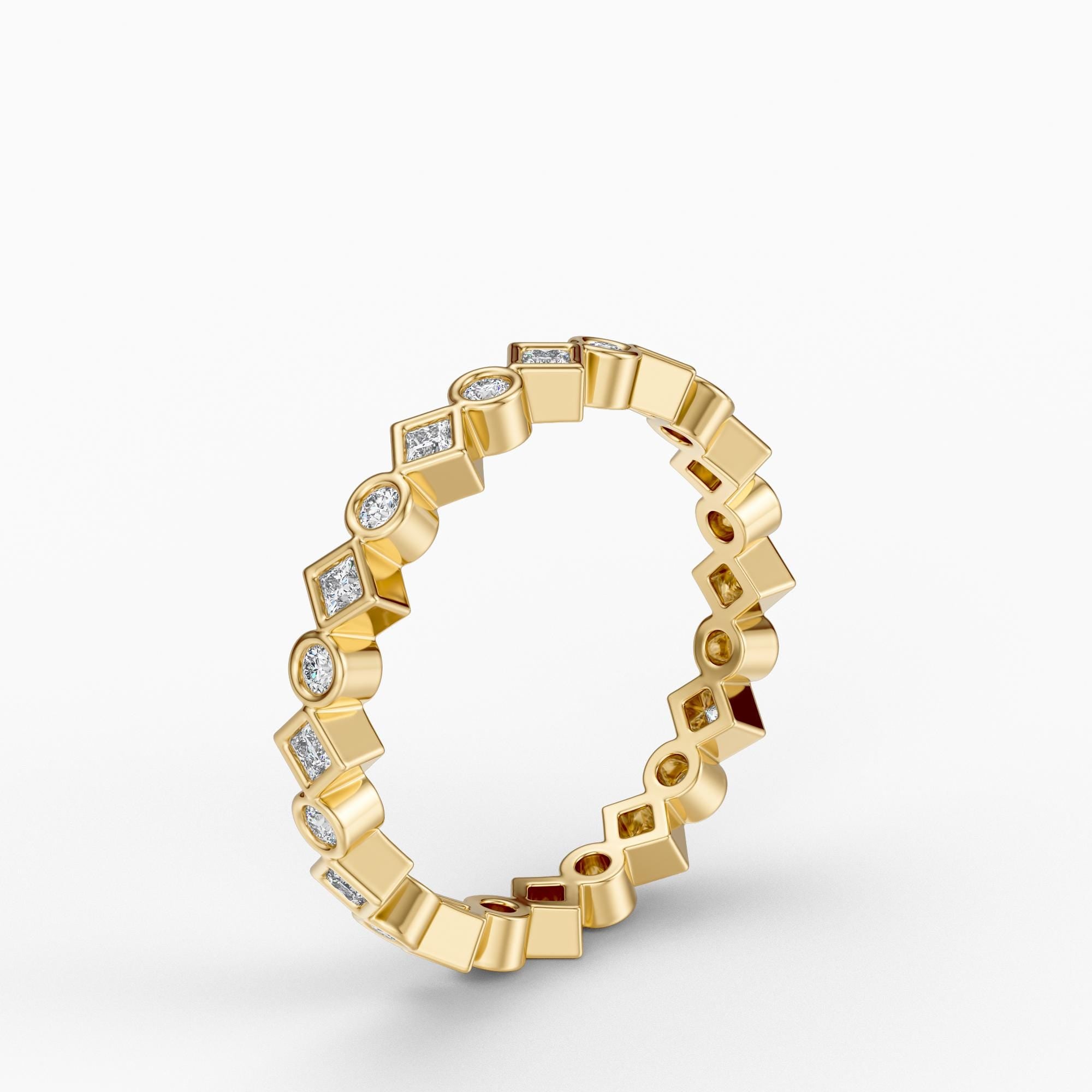 Round & Princess Cut Diamond Full Eternity Wedding Band Ring 14K Solid Gold Bezel Set