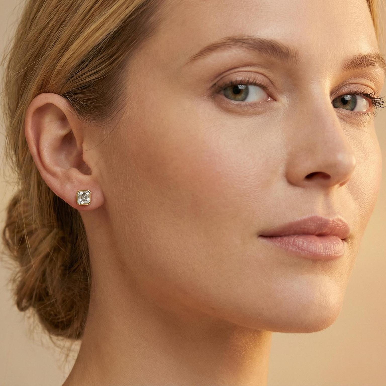 14k Gold Asscher Cut Studs  Bezel Set Diamond Earrings  1.00-4.00 CTW  Minimalist Gift For Her By JIORE