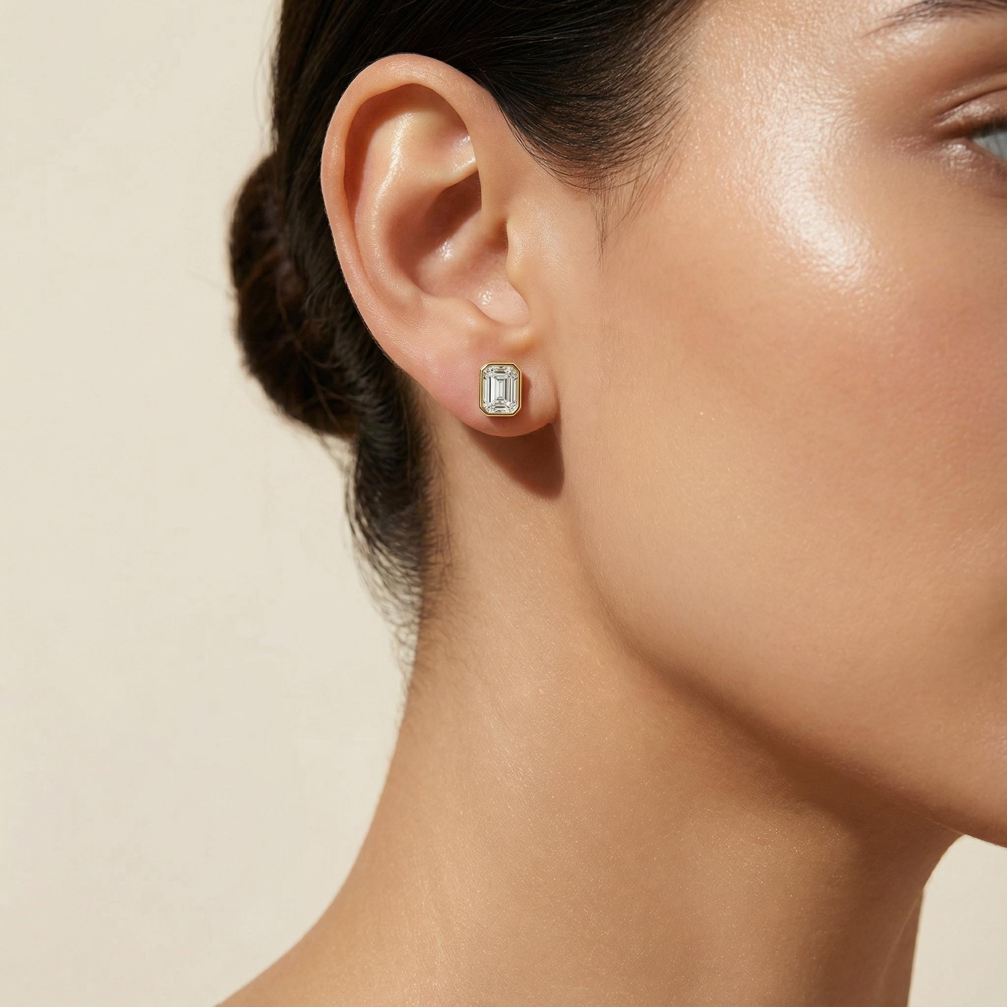 14k Gold Emerald Cut Studs  Bezel Set Diamond Earrings  1.00-4.00 CTW  Minimalist Gift For Her By JIORE
