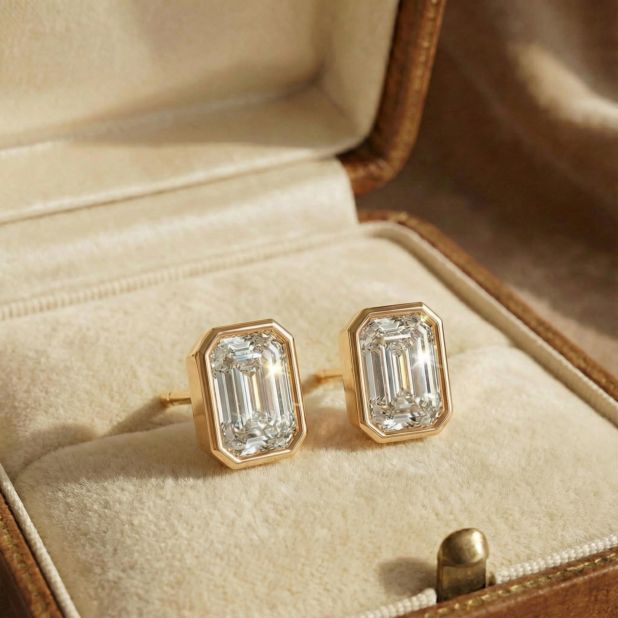 14k Gold Emerald Cut Studs  Bezel Set Diamond Earrings  1.00-4.00 CTW  Minimalist Gift For Her By JIORE