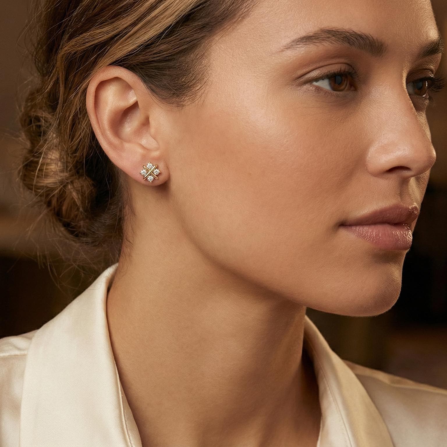 4 Stone Round Brilliant Cut Studs Floral X Design 14K Gold Prong Set Diamond Earrings