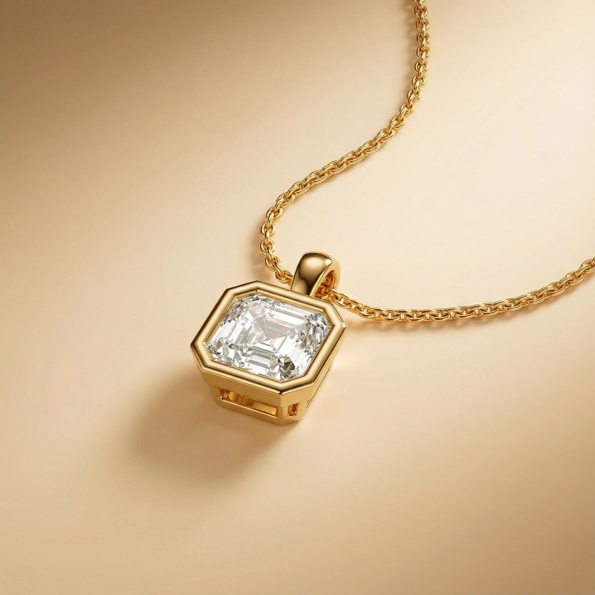14K Gold Diamond Bezel Set Pendant  Elegant Asscher Cut Necklace  Dainty Modern Minimalist Gift For Her By JIORE